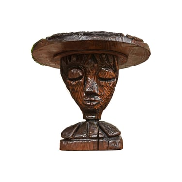 Vintage 1960s Witco Rustic Wood Carved Tiki Female Bust Round End Table 