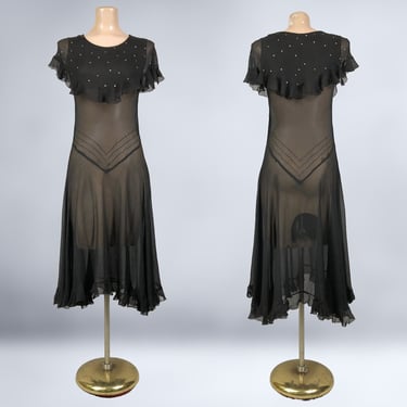 VINTAGE 20s Sheer Black Silk Art-Deco Drop Waist Dress with Rhinestone Collar | 1920s Flapper Gatsby Party Dress | VFG 