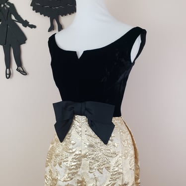 Vintage 1950's Black Velvet Maxi Dress/ 60s Metallic Gold Lurex Cocktail Dress XS/S 