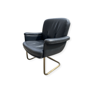 Black Leather and Brass Cantilevered Armchair