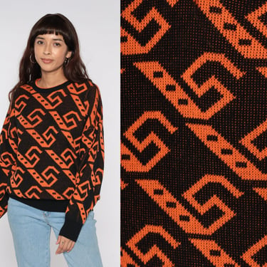 Geometric Sweater 80s Black Neon Orange Print Knit Jumper 1980s Vintage Pullover Extra Large xl 2xl xxl 