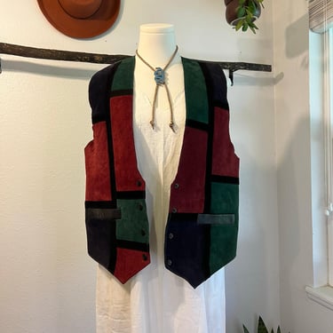 Vintage 90s Green Patchwork Genuine Leather Snap Button Vest Size 1X 