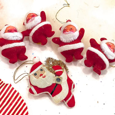 VINTAGE: 5pcs - Small Santa Clause Ornaments - Kitsch - Christmas Crafts Millinery Floral Decoration Display Picks Mid Century - SKU 