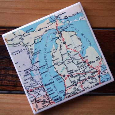 1962 Michigan Vintage Map Coaster. Michigan Map Gift. Michigan Décor Midwest. US State Map. Detroit Gift. Lansing Map. Great Lakes Décor. 