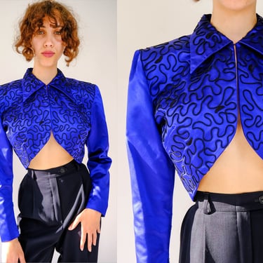 Vintage 80s Norma Kamali Couture Sapphire Blue Silk Bolero Jacket w/ Black Soutache Swirl Design | Western, Boho | 1980s OMO Designer Jacket 