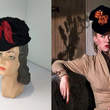 Doubtful Cornelia Jackson - Vintage 1940s Black Persian Lamb Wool Perch Peak Hat w/Red Feather 