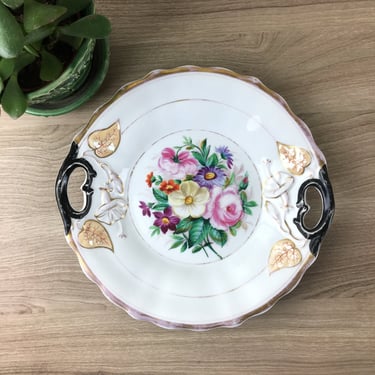 KPM handled plate - morning glories and garden flowers - vintage decorative china 