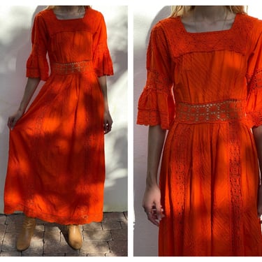 70s Orange Maxi Dress / Mexican Wedding Dress / Haute Hippie Dress / See Through Dress / Crochet Midriff Dress / Bohemian Avant Garde 