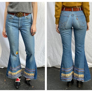 Small 1970s High Waisted Jeans Hippie Bell Bottoms Embroidered