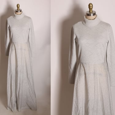 1970s Long Sleeve Turtleneck Full Length Silver Lurex Sweater Dress by Joseph Magnin -S 