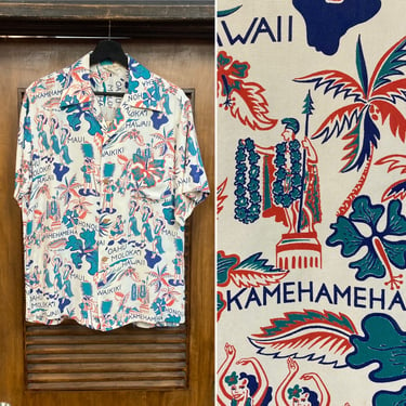 Vintage 1940’s Original “Kuu-Ipo” Hula Girl Cartoon Silk Rayon Hawaiian Shirt, Surfers, Island Scene, 40’s Loop Collar, Vintage Clothing 
