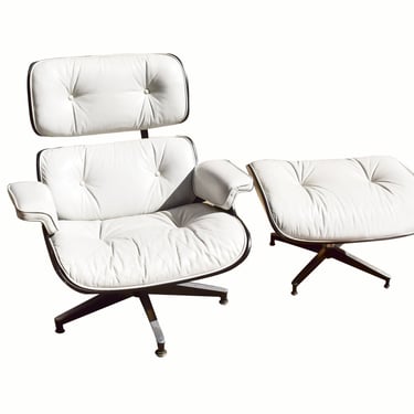 Rare HERMAN MILLER Eames Lounge Chair & Ottoman In White Leather Black Wood, Original 1970's Eames Swivel Chair Set 