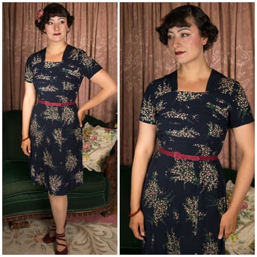 1940s Dress - Sweet Springtime Rayon 40s Peplum Dress in Navy Blue with Blue and Green Floral 