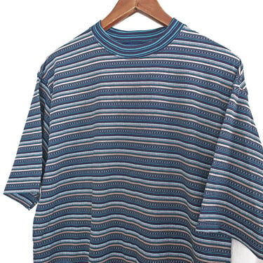 90s striped shirt / baggy t shirt / 1990s deadstock Utility jacquard knit navy blue striped t shirt Medium 