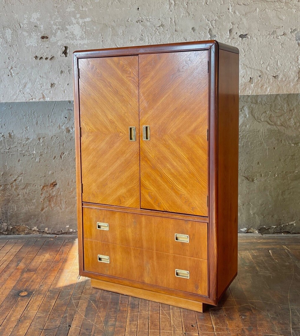 Mid Century Tall Oak Chevron Campaign Dresser Vintage MCM ARMOIRE
