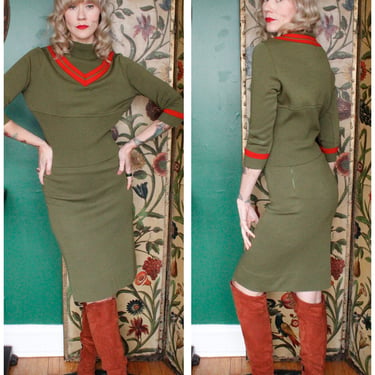 1960s Oleg Cassini Olive Green Knit Sweater & Skirt Set 