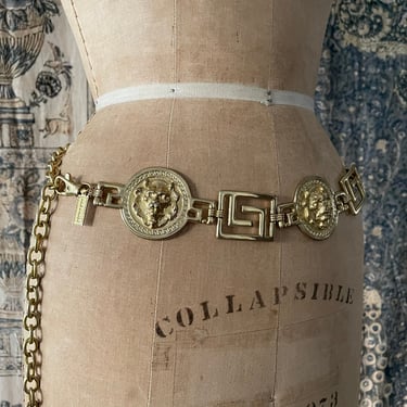 Vintage 1980’s heavy gold chain belt with lion heads & Greek key motif | ‘80s statement belt, adjustable chain link belt, designer look 