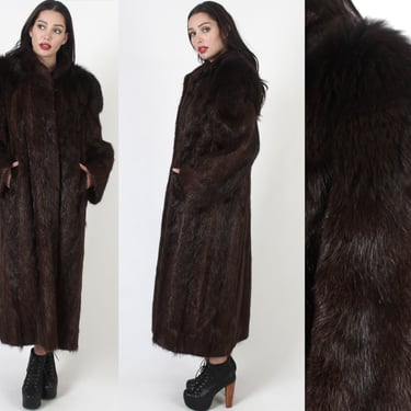 Evans Zig Zag Brown Fox Collar And Shoulder Coat, Beaver Full Length Real Fur Jacket, Vintage 70s Long Warm Winter Overcoat L XL 