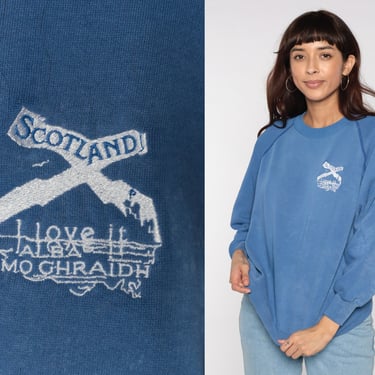 Scotland Sweatshirt Vintage 80s Blue Gaelic Crewneck Pullover Scotland I Love It Alba Moghraidh Raglan Sleeve UK Tourist Extra Small xs 