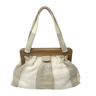 Chanel Wood Frame Logo Canvas Top Handle Bag