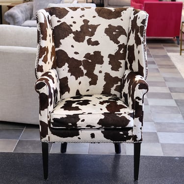 Edward Ferrell Cowhide Wing Chair in Brown & White with Silver Nailheads