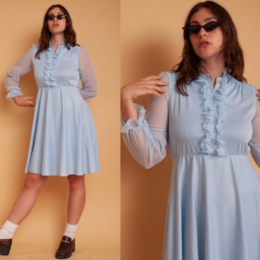 Vintage 70s Powder Blue Bobby's Girl Sheer Balloon Sleeve Ruffle Button Up Dress 