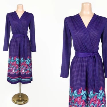 VINTAGE 1980s Purple Turquoise Striped Novelty Fruit border Print Dress | 80s Surplice Neckline Long Sleeve Cotton Jersey Day Dress vfg 