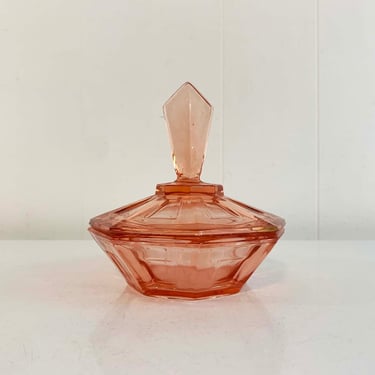 Vintage Pink Jeanette Glass Covered Candy Dish Cubist Pattern Stasher Lidded Box Vanity 1950s 