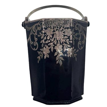 Art Deco Octagon Onyx Glass Ice Bucket w/ Silver Handle & Inlaid Floral 