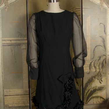 MEMORIAL WEEK SALE - Fun Vintage 1960s Cocktail Dress with Sheer Sleeves and Cut Faux Feather Trim -  Item #207 