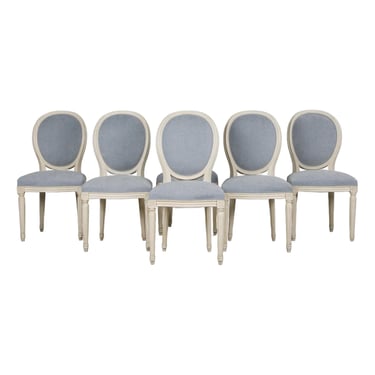 Antique French Louis XVI Style Painted Dining Chairs W/ Light Blue Chenille - Set of 6 