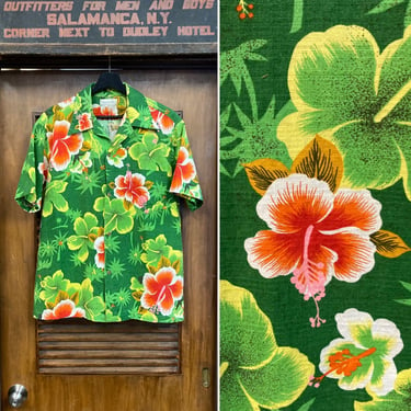 Vintage 1960’s Tiki Mod Floral Cotton Barkcloth Hawaiian Shirt, 60’s Tropical Shirt, Vintage Clothing 