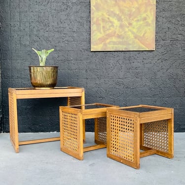 Mcm Rattan & Smoked Glass Trio Set Coffee Tables