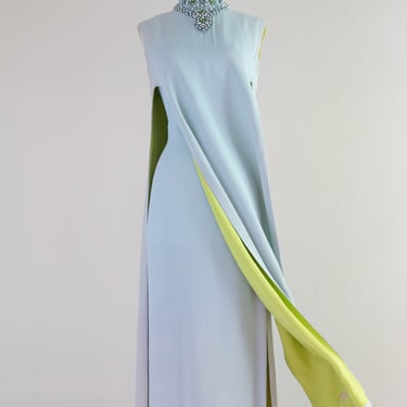 Fabulous 1960's Futuristic Sky Blue &amp; Chartreuse Two Piece Evening Gown / SM