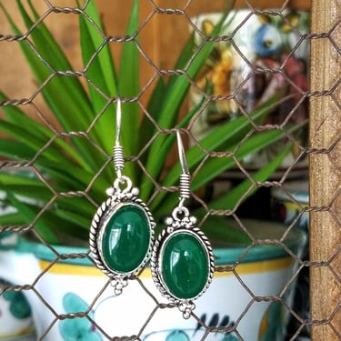 Green Onyx & Sterling Gemstone Earrings~Sterling Silver Plated~Green Semiprecious Stone Dangle earrings~French Ear Wires~JewelsandMetals 