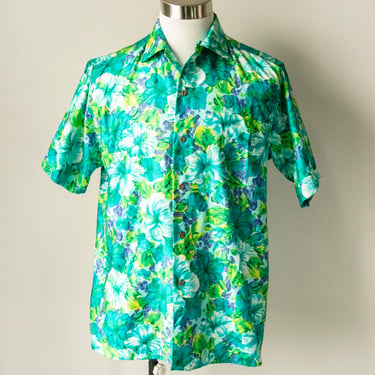 1960s Hawaiian Shirt Floral Cotton Men's L 