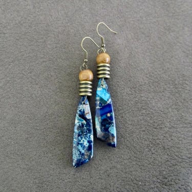 Mosaic blue imperial jasper earrings, bronze 