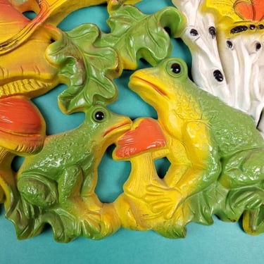 70s Homco wall hanging. Butterflies, frogs, & mushrooms...OH MY! 3 piece set. Groovy, psychedelic, vintage kitsch, mod decor. (27