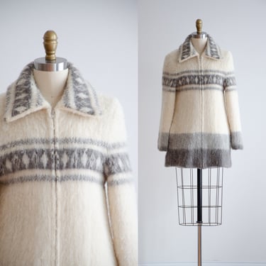 knit wool jacket 70s vintage Alafoss Icewool Icelandic cream wool coat 