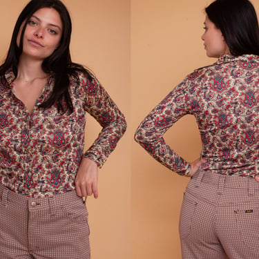 Vintage 70s Red Paisley Dagger Collar Button Up Blouse 