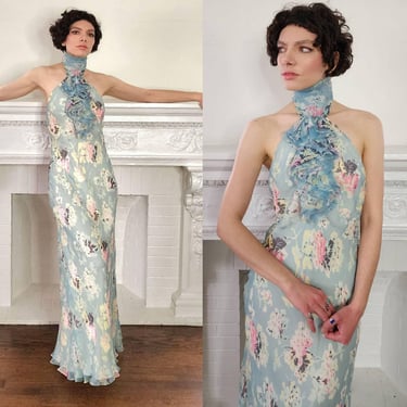 90s Does 30s Silkprint Flower Dress with Halter Top Jabot, Sleeveless S 
