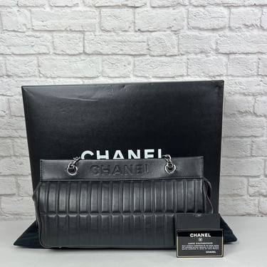 CHANEL Vintage Vertical Quilted Leather Lax East West Shoulder Bag, Black