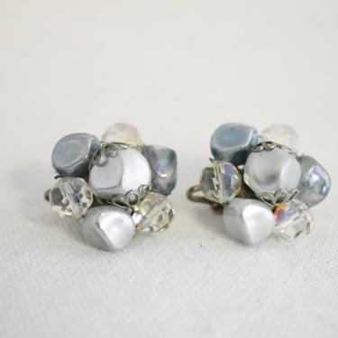 1960s Blue-Gray Pearl and Crystal Cluster Clip Earrings 