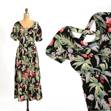 Carol Anderson dress | Vintage 90s tropical floral rayon criss cross maxi dress 