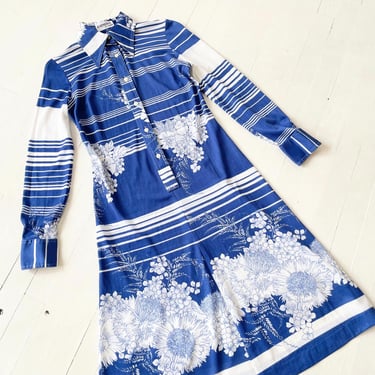 1970s Blue + White Striped Floral Shirtdress 