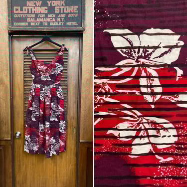 Vintage 1950’s McInernys Atomic Floral Cotton Tiki Hawaiian Rockabilly Dress, 1950’s Dress, Hawaiian Dress, Tiki Dress, Floral Print 
