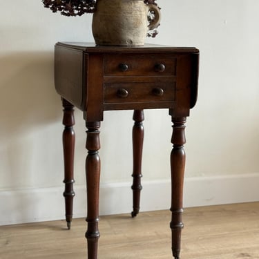 Antique English Drop leaf Side Table with Two Drawers 