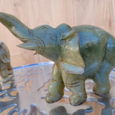 Vintage Asian Carved Solid Jade Stone Elephants Figurines - Set of 2