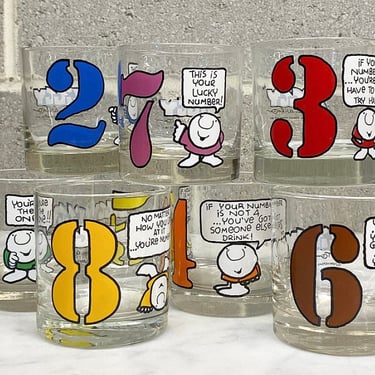 Vintage Ziggy Whiskey Glasses Retro 1970s Contemporary + Clear Glass + Full Set of 8 + Colorful Numbers + Tom Wilson Cartoon + Rocks Glasses 