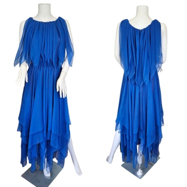 1980s Royal Blue Chiffon Jagged Hem Middy Dress I Sz Med 